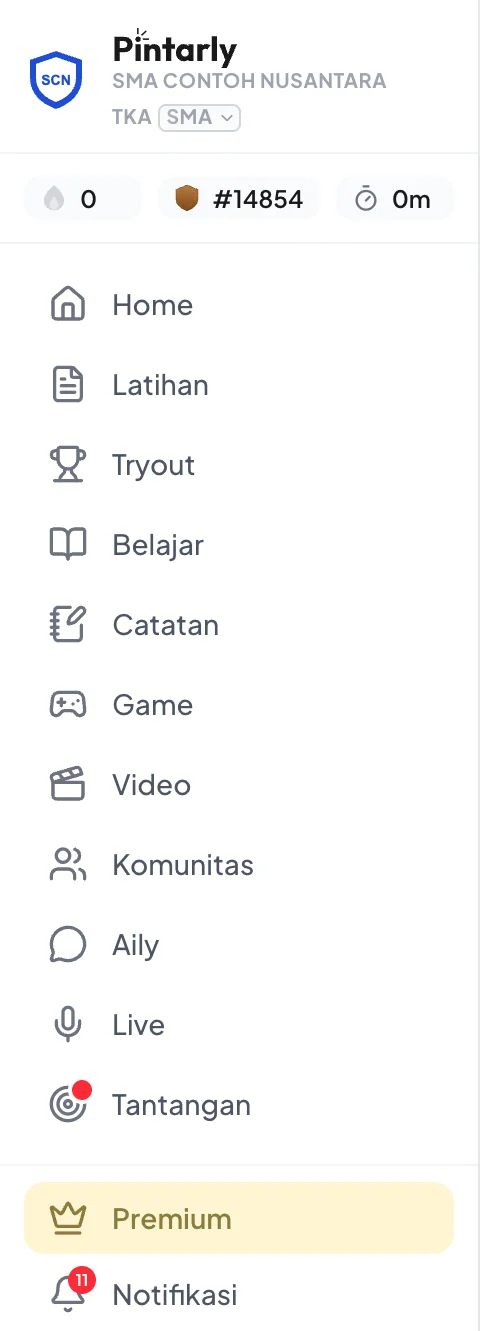 Aplikasi siswa Pintarly dengan logo dan nama sekolah contoh di menu samping